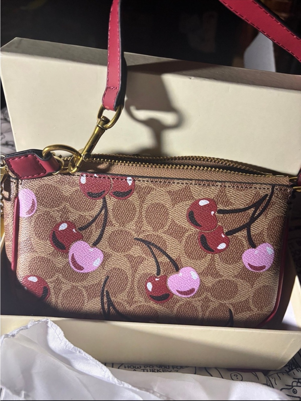 Coach Brown Signature Canvas Cherry Print Crossbody with Pink Trim new with chai